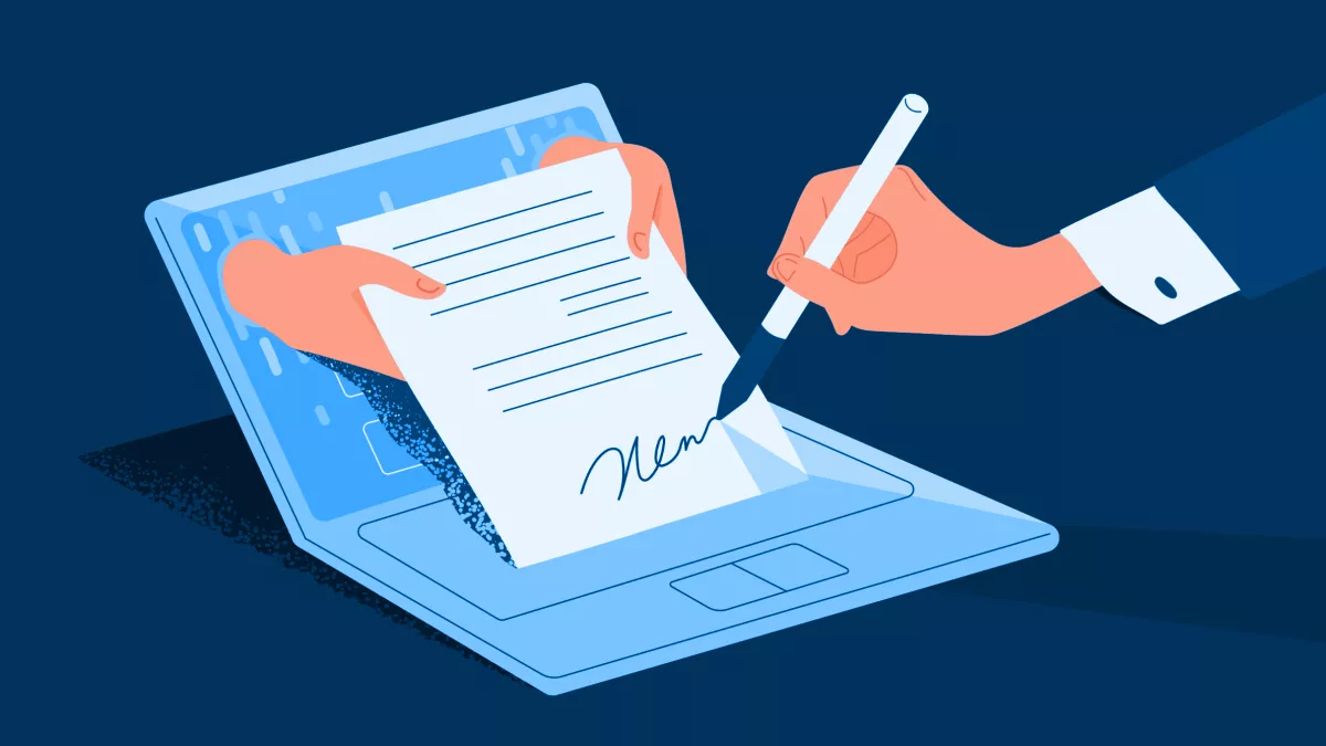 Digitaler Vertragsabschluss: Vertrag wird von Händen aus einem Notebook heraus gehalten und von einer dritten Hand unterzeichnet
